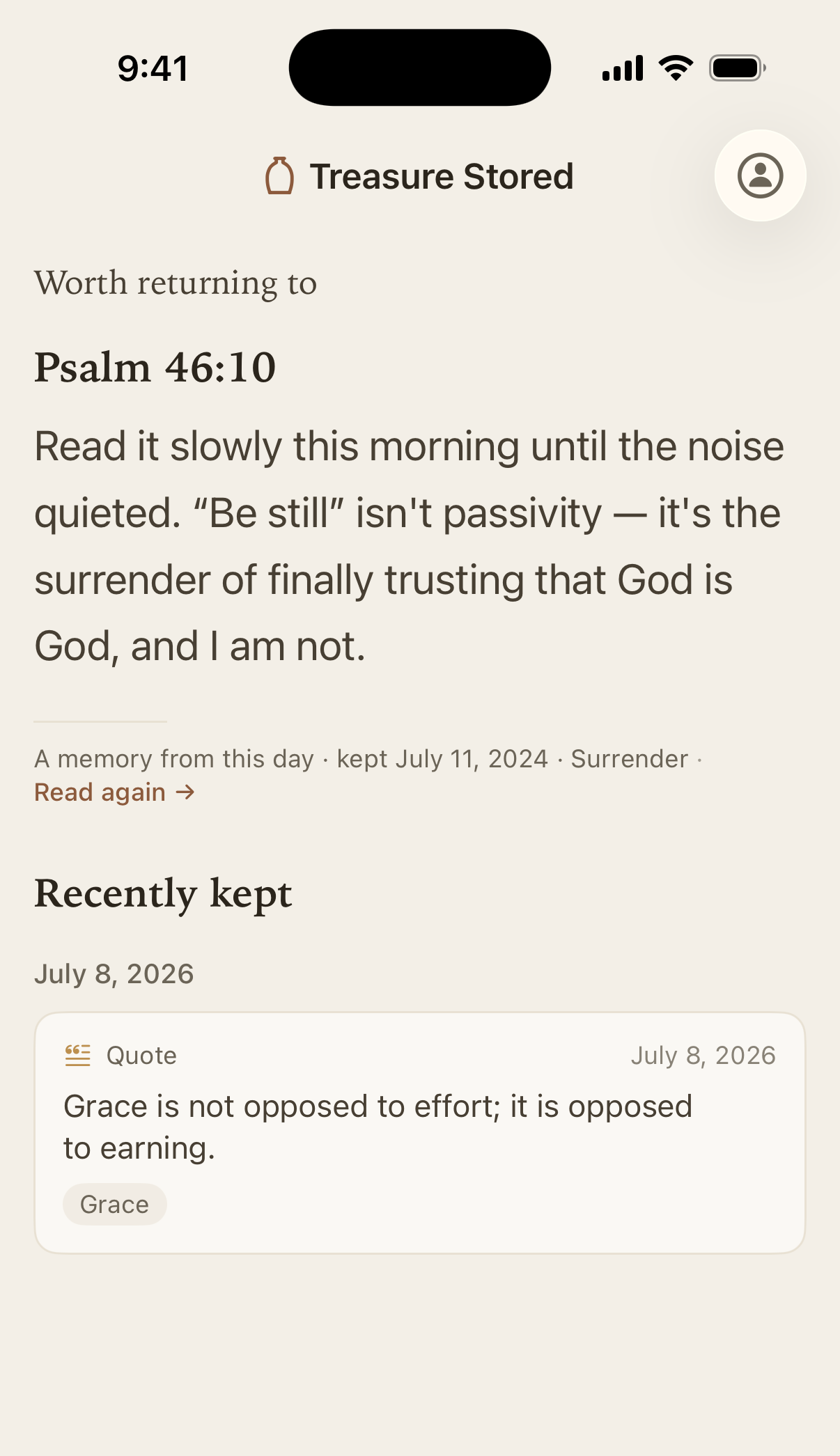 The Treasure Stored home screen: a verse resurfaced under “Worth returning to,” above recently kept reflections.